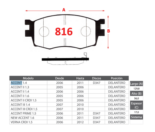 Pastilla de Freno Hyundai (Accent, Accent II, Accent III, New Accent, Verna) - PM