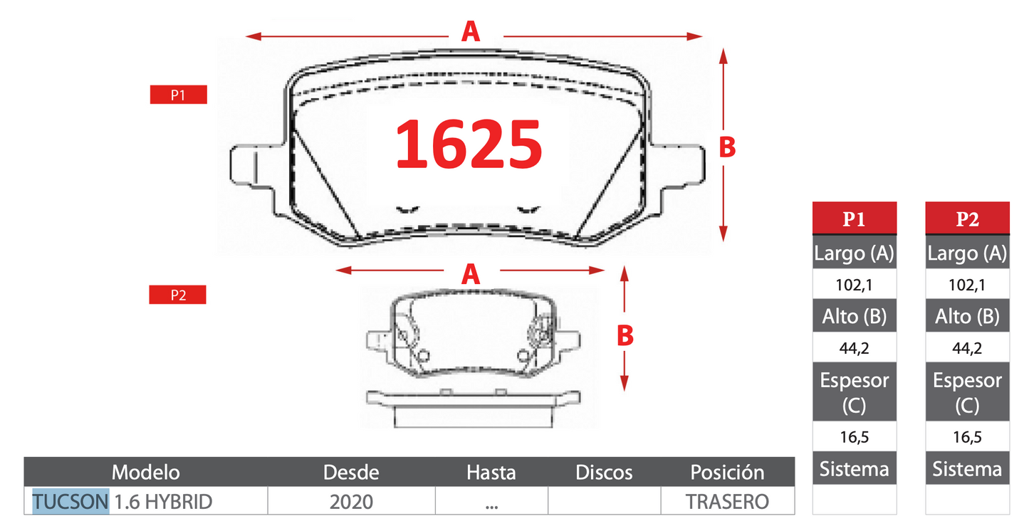 Pastilla de Freno Hyundai (Tucson 1.6 Hybrid) Trasero - GTX