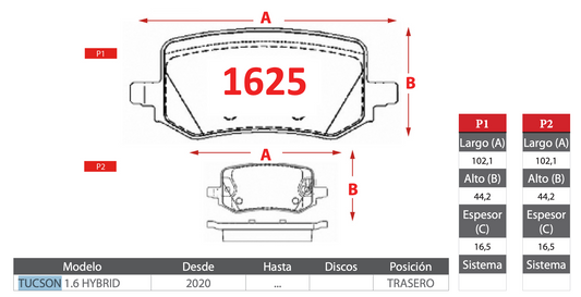 Pastilla de Freno Hyundai (Tucson 1.6 Hybrid) Trasero - GTX GOLD CERAMIC