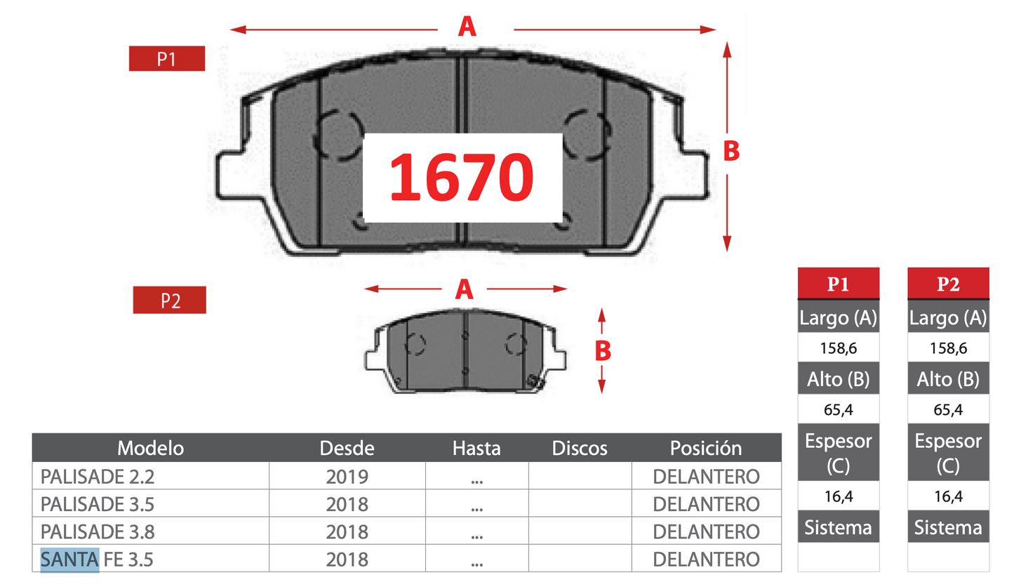 Pastilla de Freno Hyundai (Palisade 2.2, Palisade 3.5, Palisade 3.8, Santa Fe 3.5) - GTX