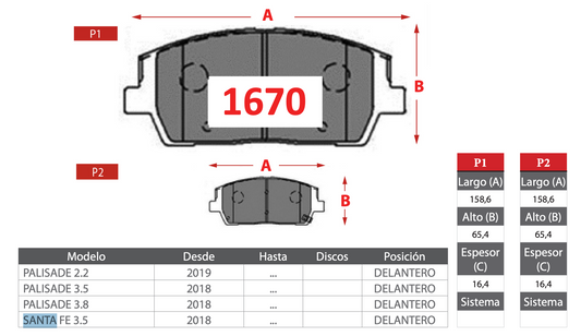 Pastilla de Freno Hyundai (Palisade 2.2, Palisade 3.5, Palisade 3.8, Santa Fe 3.5) - BREMBO